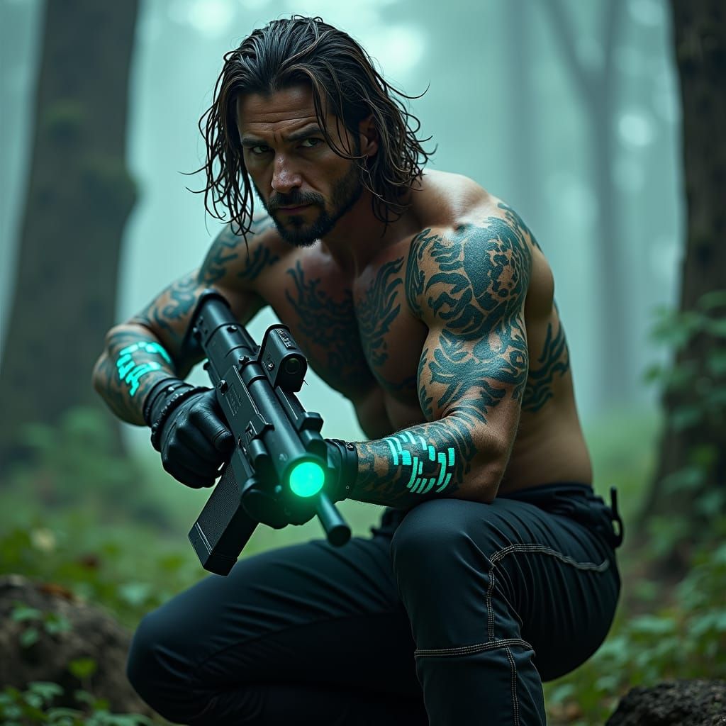 Sci-Fi Hunter in Mist-Shrouded Forest