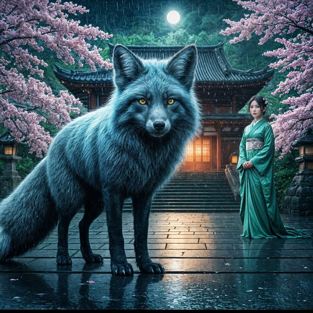 Silver Fox in Rain With Japanese Woman