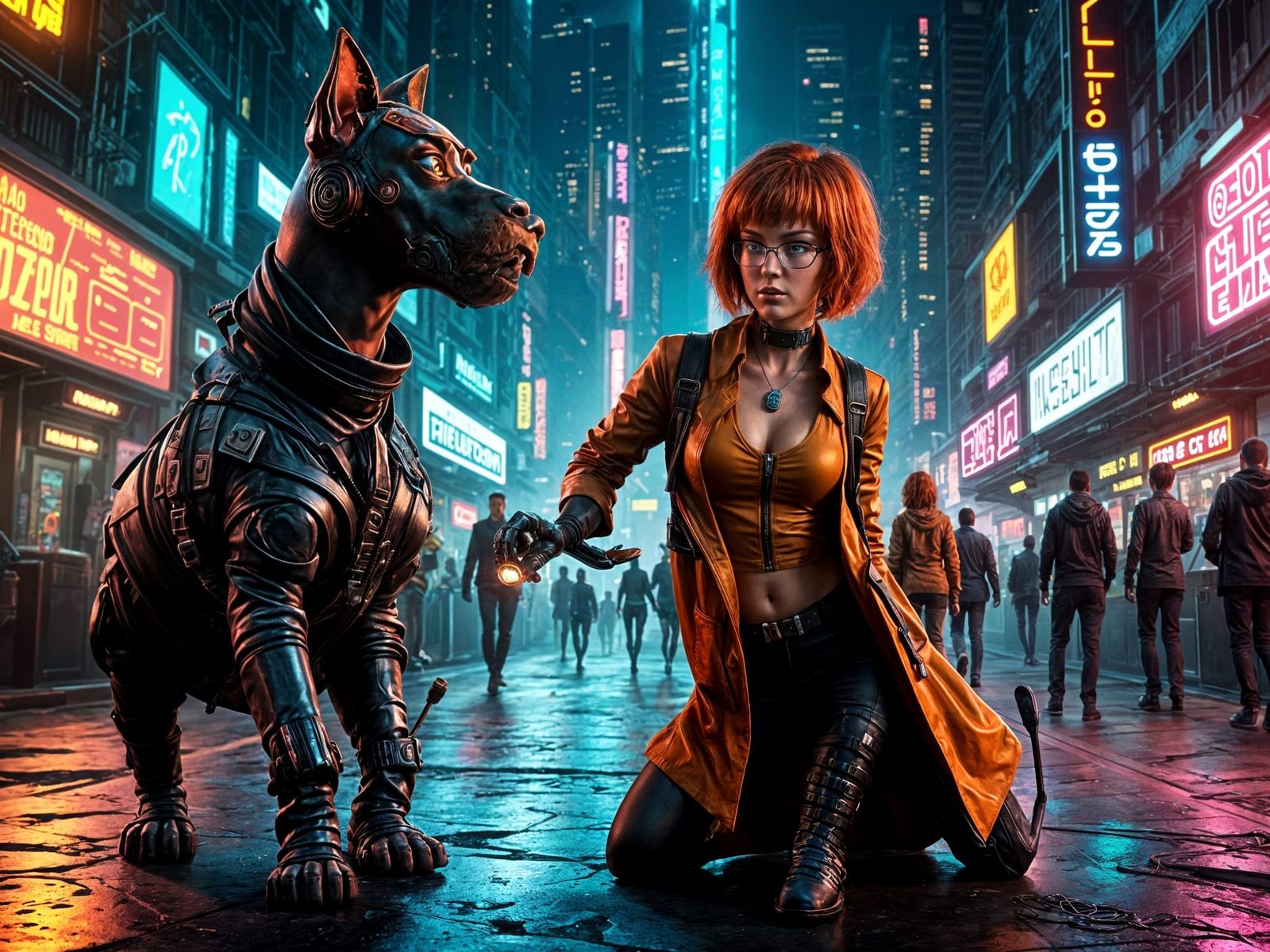 Cyberpunk Scooby Doo and Velma Search for Clues