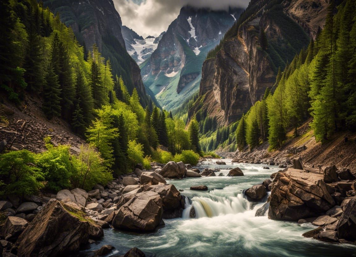Hyperrealistic Whitewater River Gorge in the Mountains