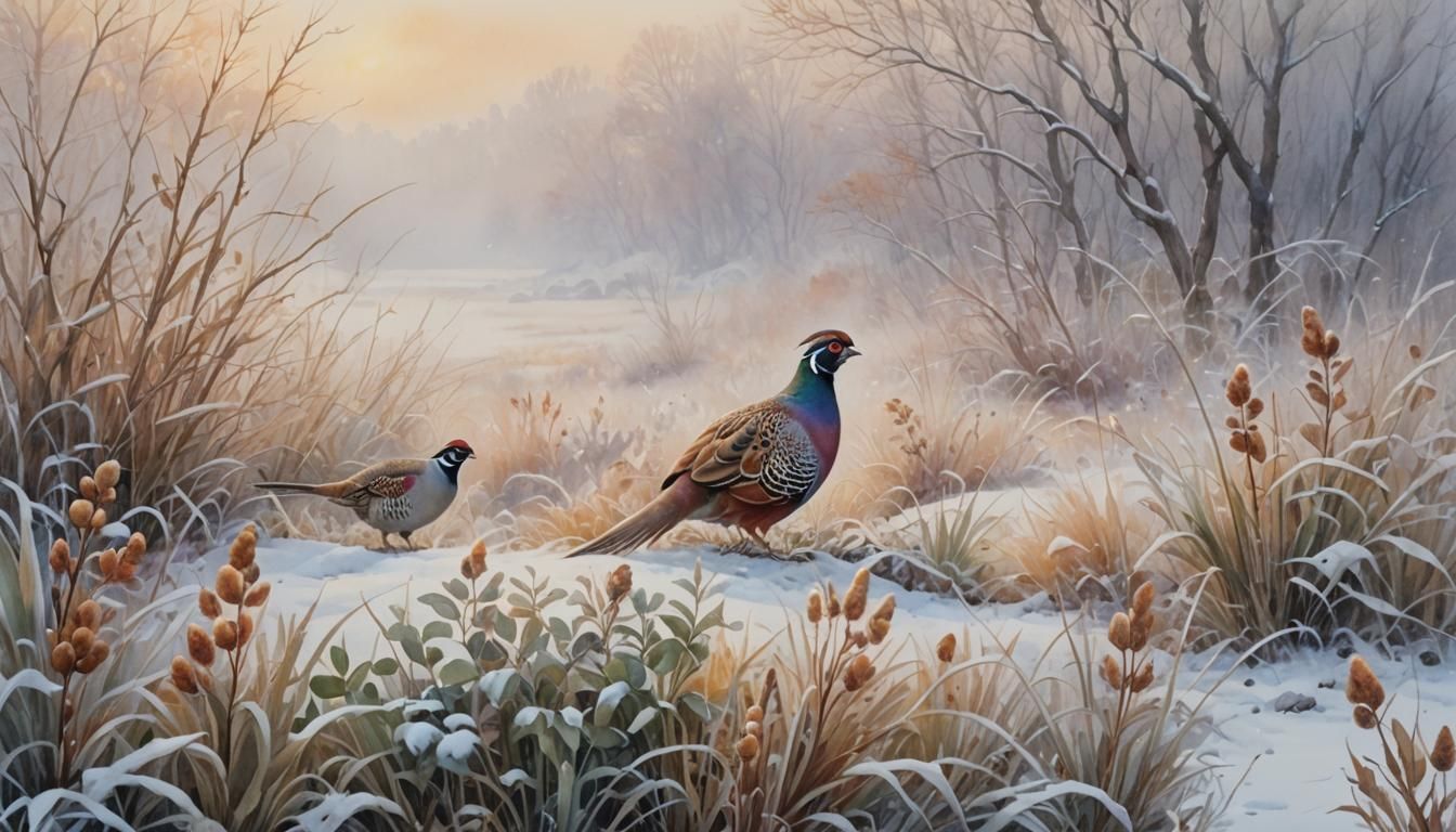 Watercolor Pheasants in Snowy, Foggy Landscape