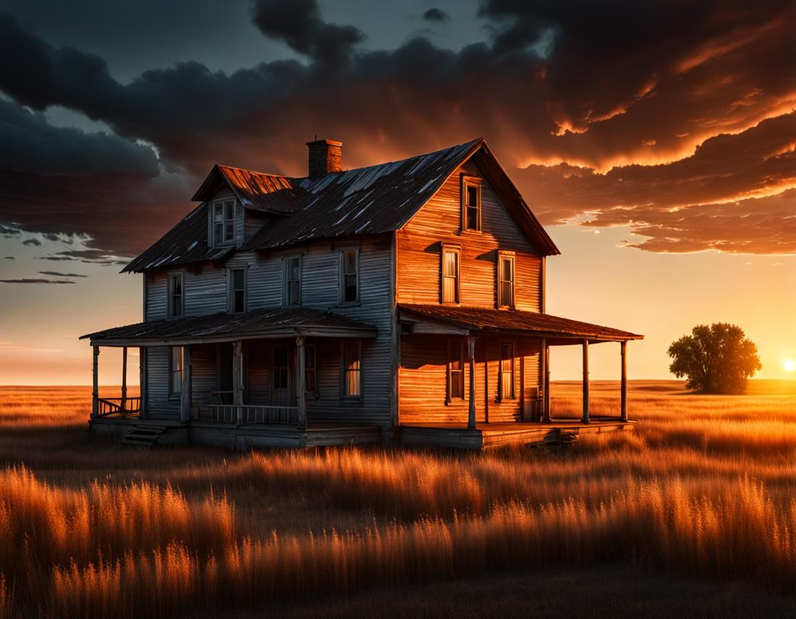 Sunset on the Prairie Homestead: Realistic 8K Photo
