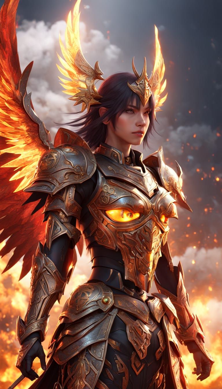 Angel-Demon Warrior in a Burning Wasteland