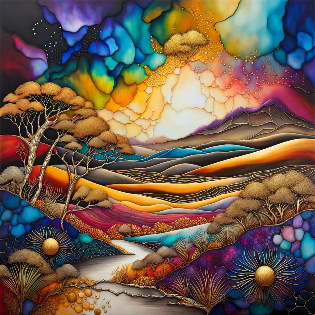 Vibrant African Plains with Gold and Silver Inkwash