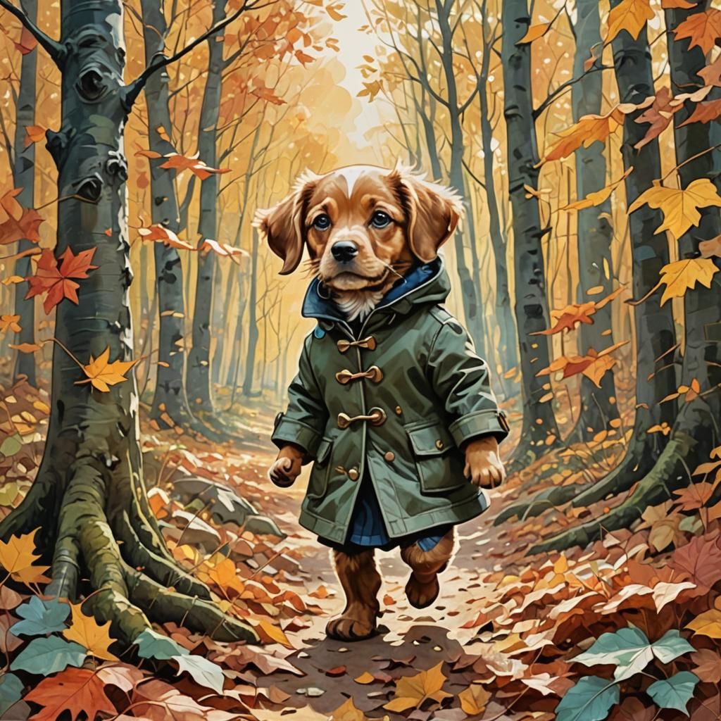 Puppy Kicking Autumn Leaves in Tenniel Style