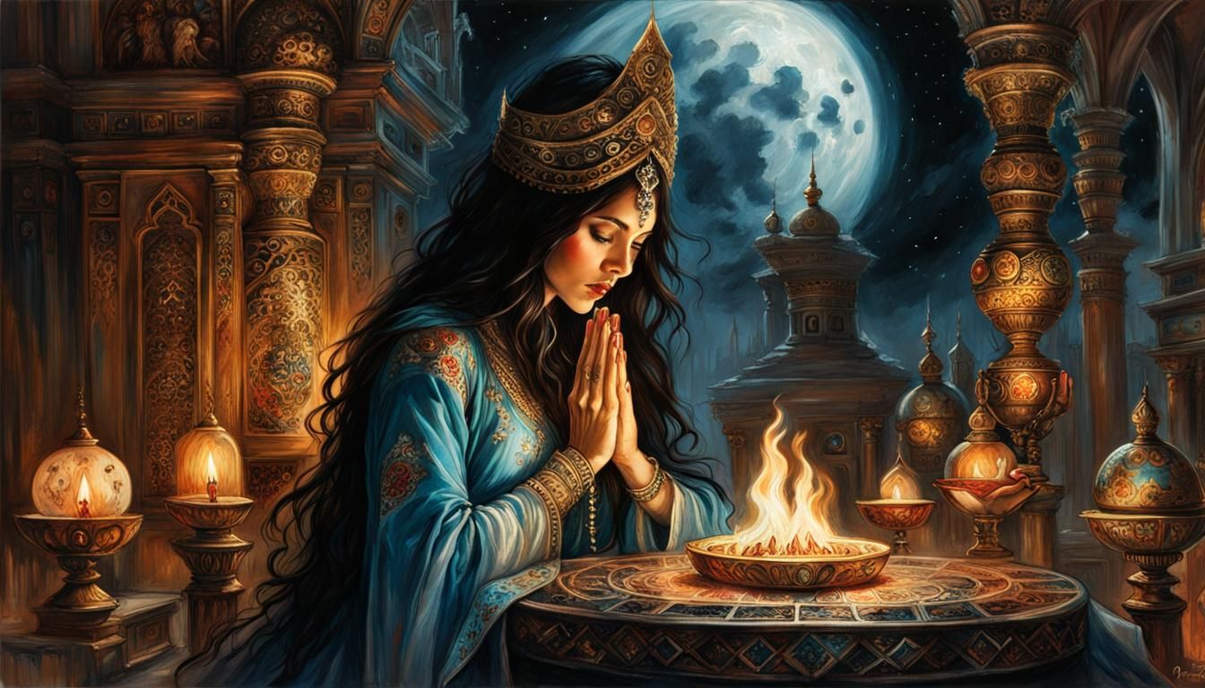Ornate Persian Priestess Praying in Dark Fantasy Style