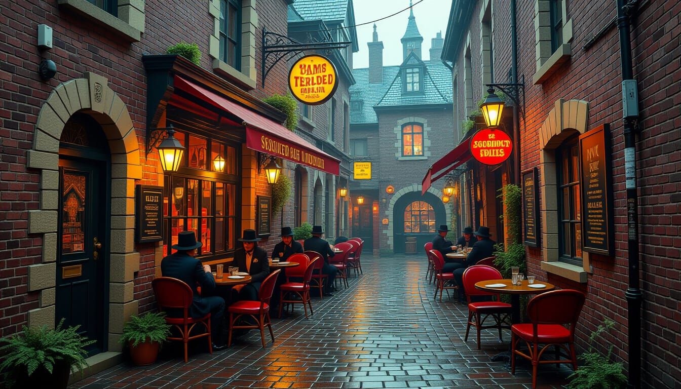 Psychedelic Tavern in Alleyway - Surreal Mixed Media Paintin...