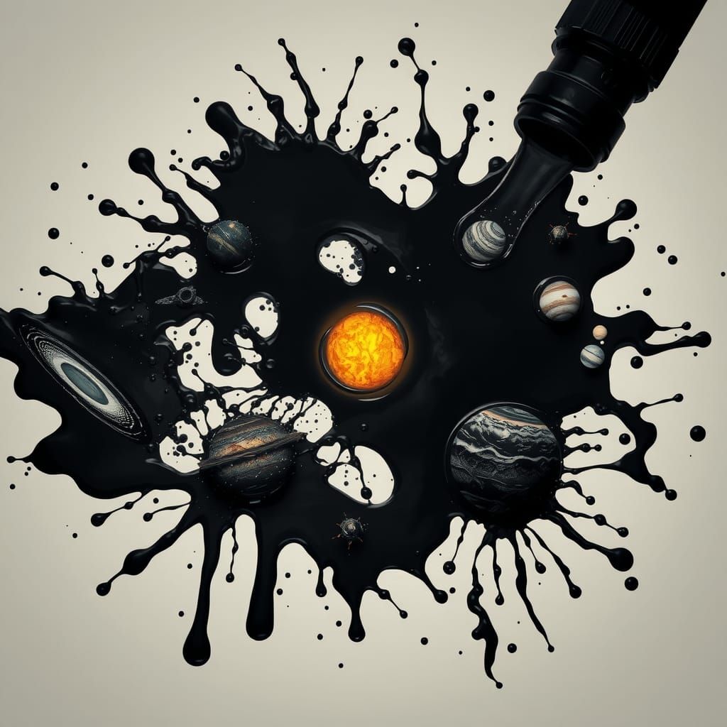 Ink Spill Creates Solar System: Hyperrealistic Image