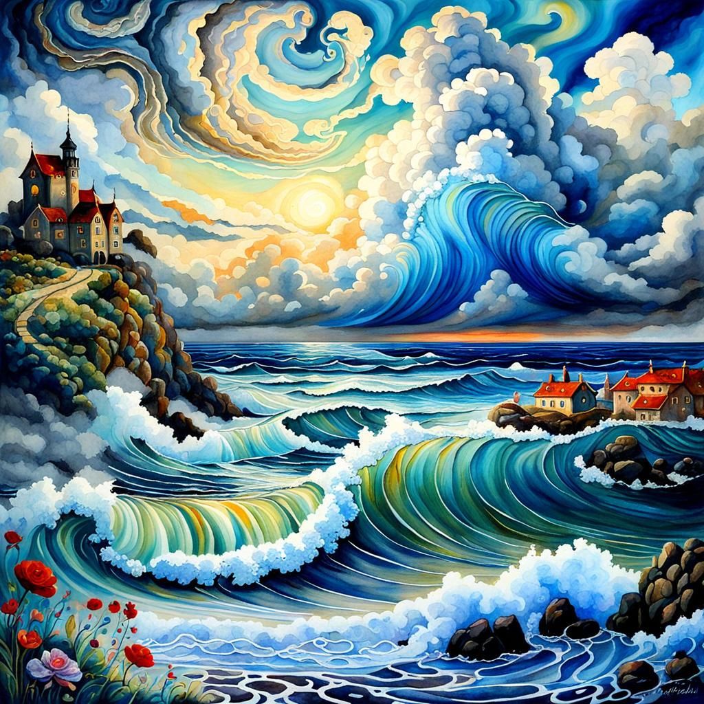 Dreamlike Seascape with Swirling Clouds