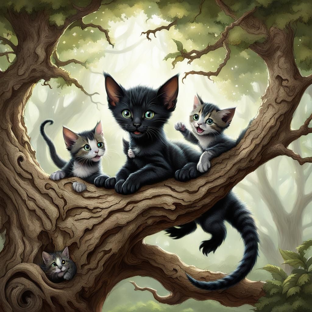 Kittens and Baby Dragon Playing in a Tree