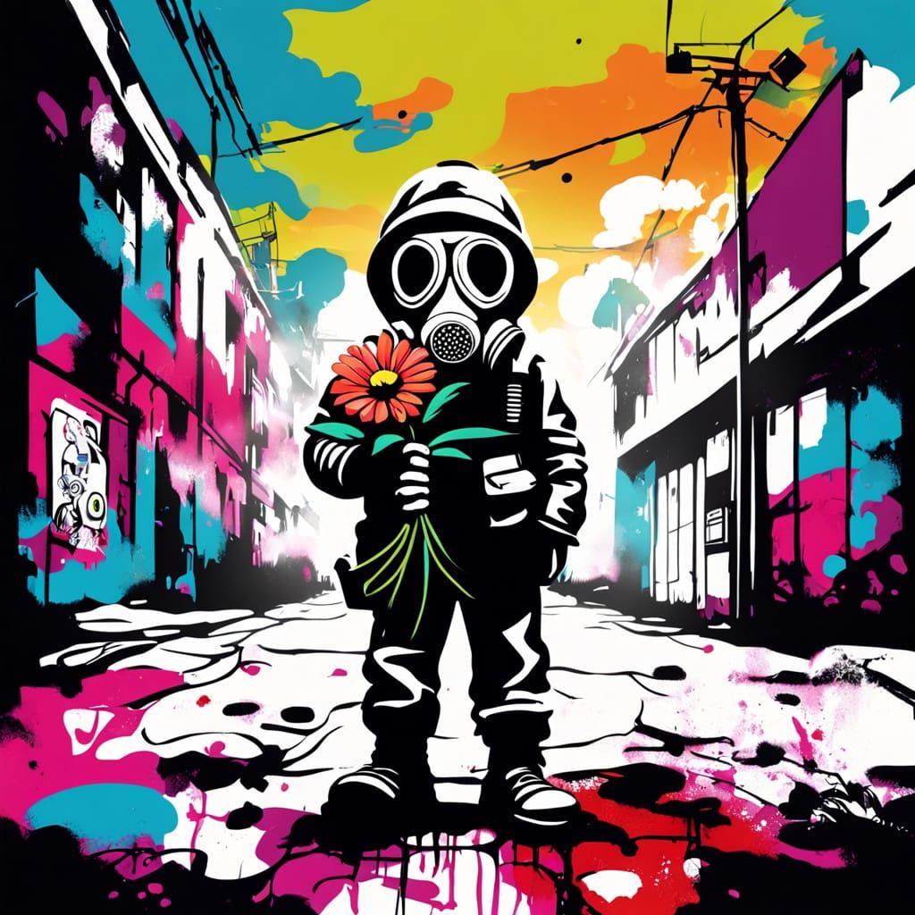 Stencil Art: Child with Flower in Gas Mask