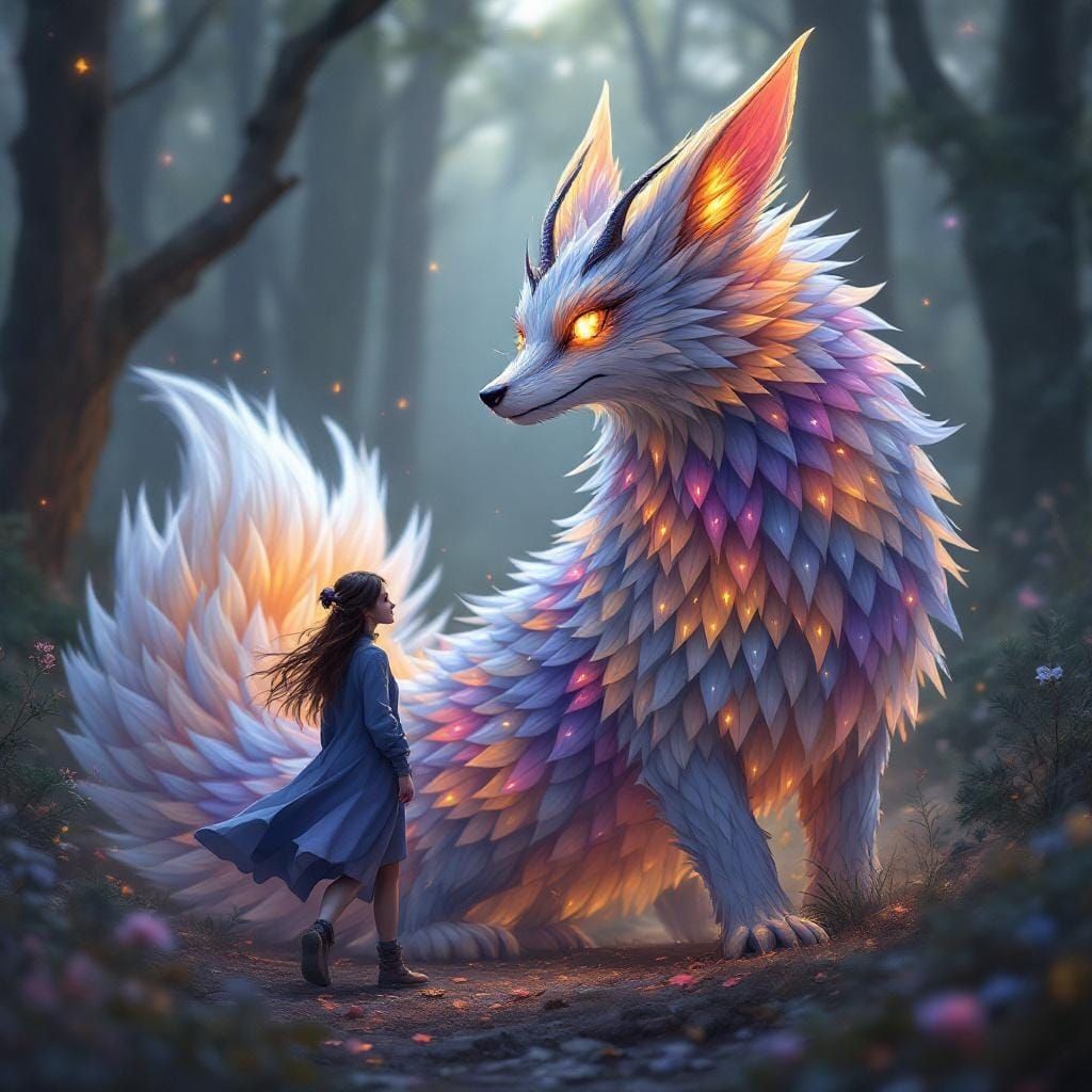 Mystical Fox-Dragon Companion in Whimsical Fantasy Style