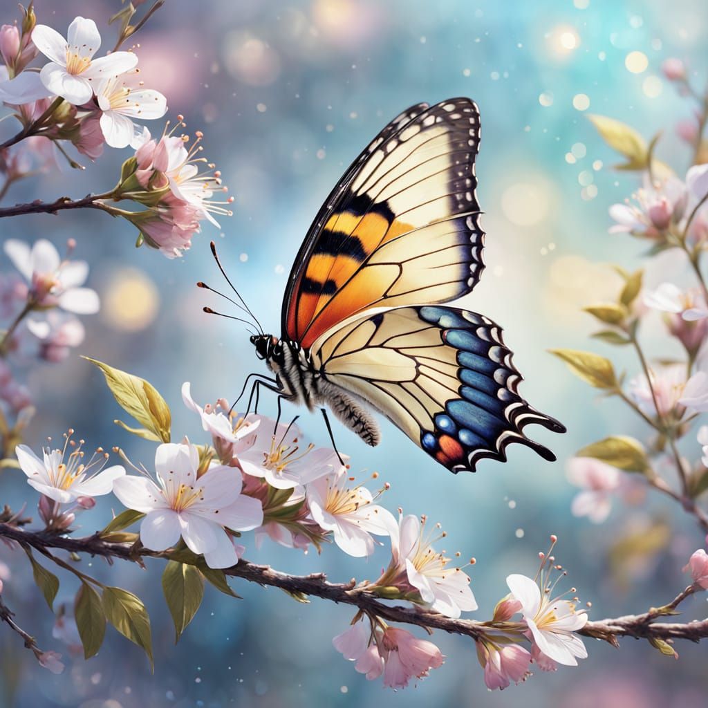 Butterfly on Blossoms in Vibrant Oil Painting Style