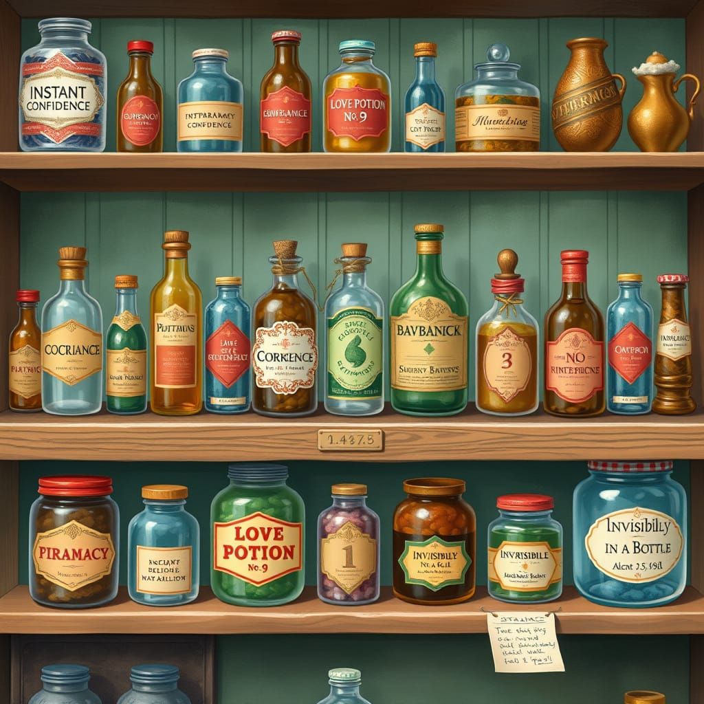 Quirky Pharmacy Shelf with Whimsical Bottles and Labels