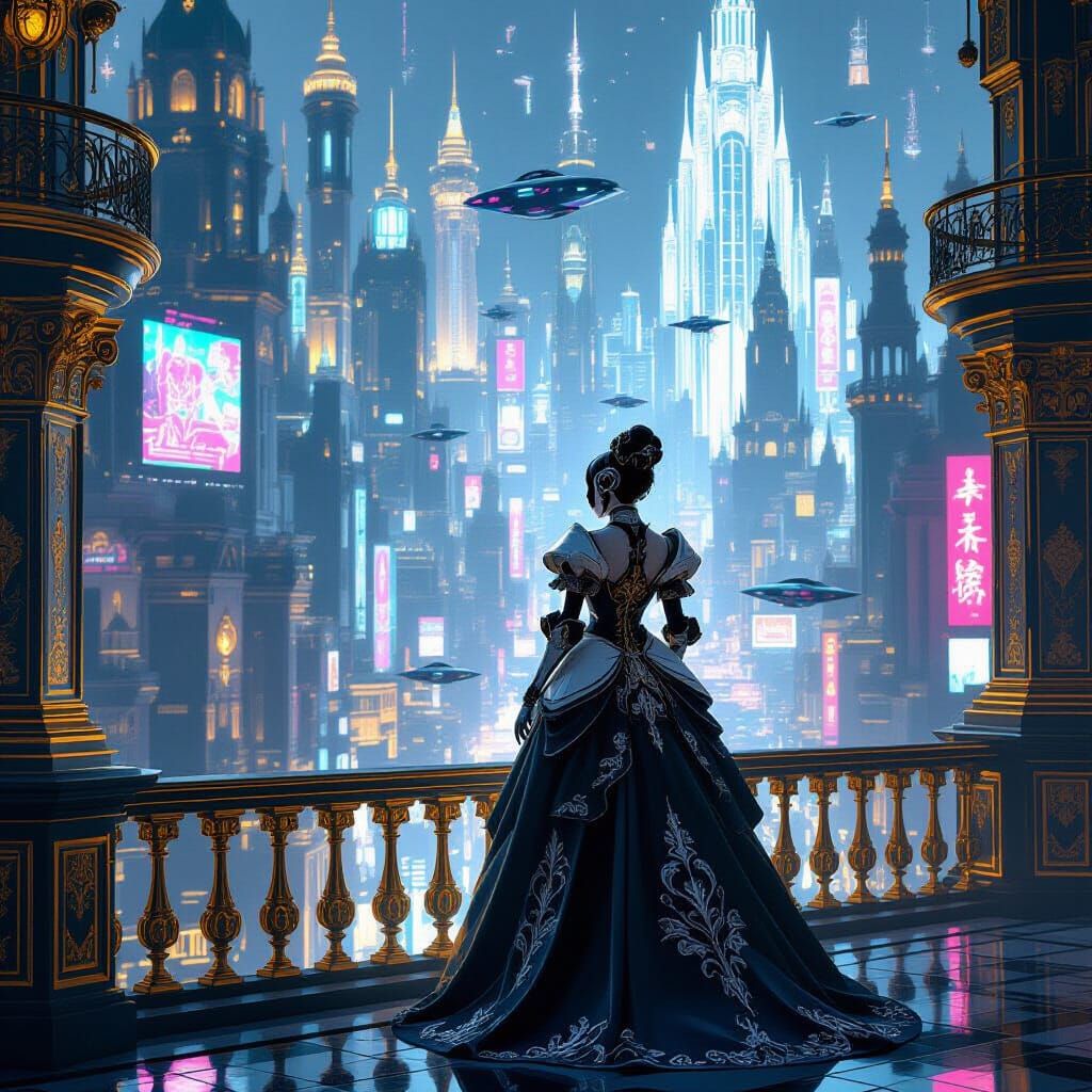 Baroque Robot in Cyberpunk Metropolis