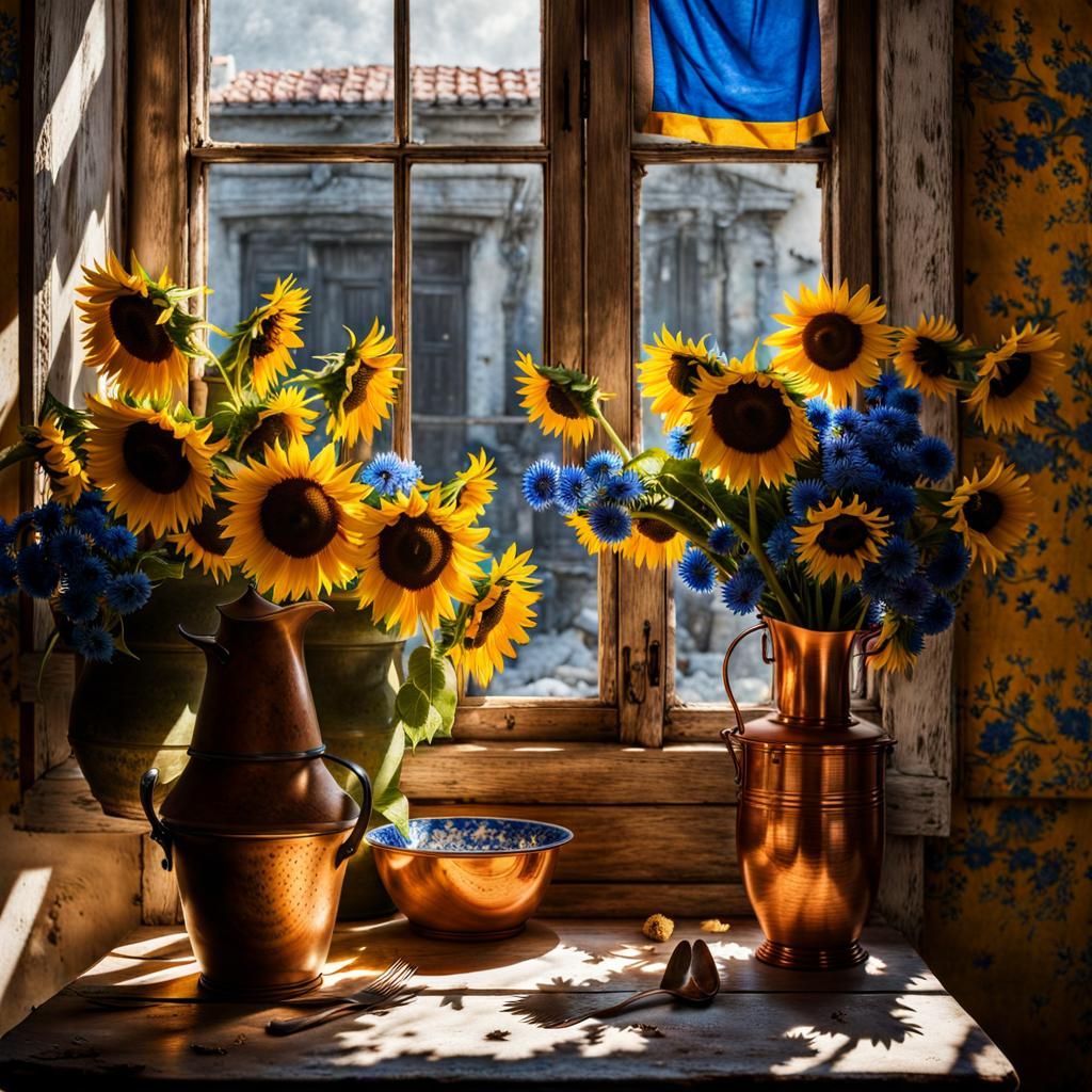 Sunflowers and Delft Blue Flowers Still Life