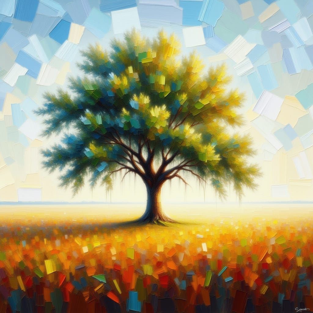 Solitary Oak Tree in Golden Hour Meadow