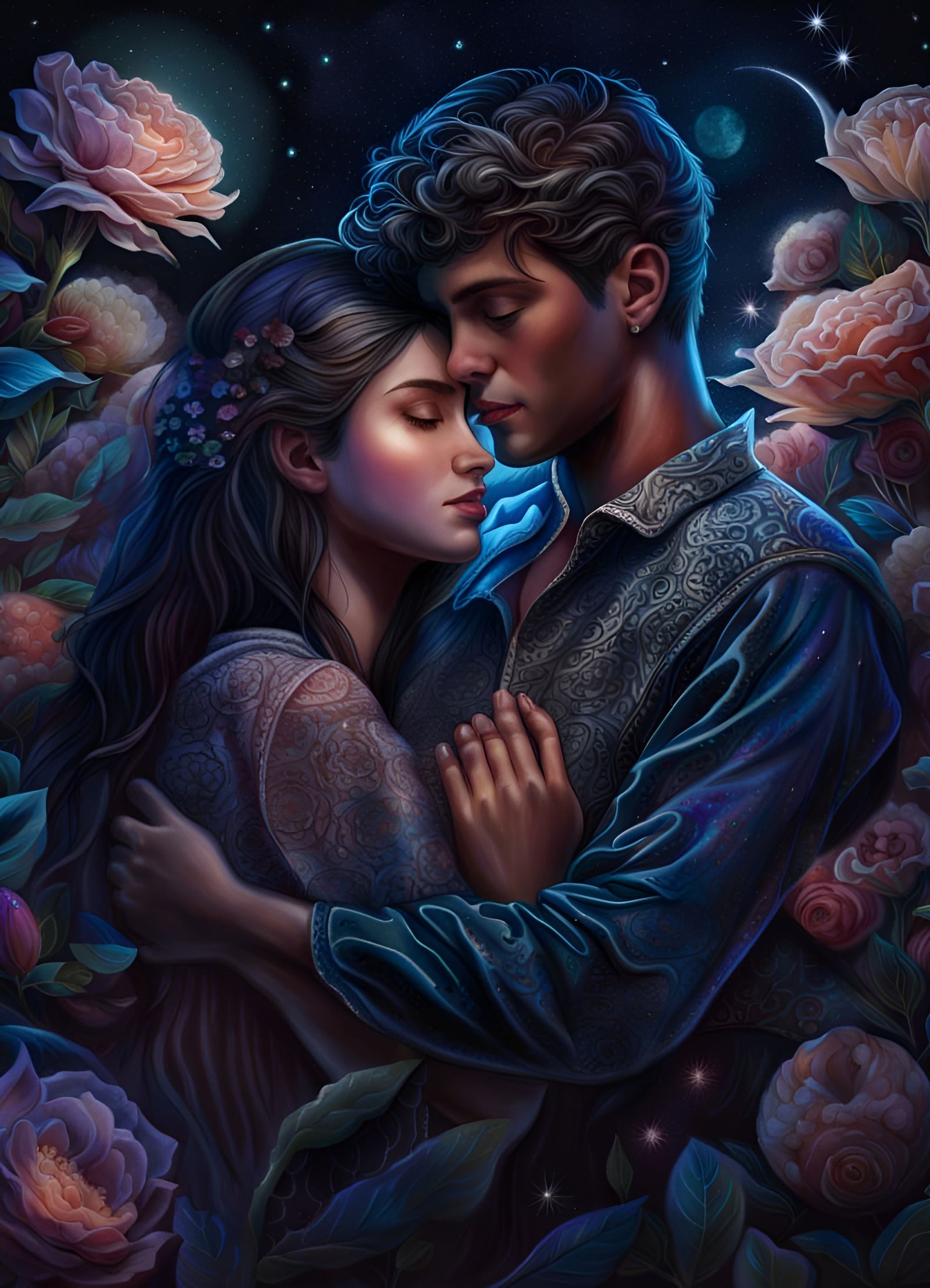 Romantic Embrace Under Moonlight: Cosmic Mixed Media