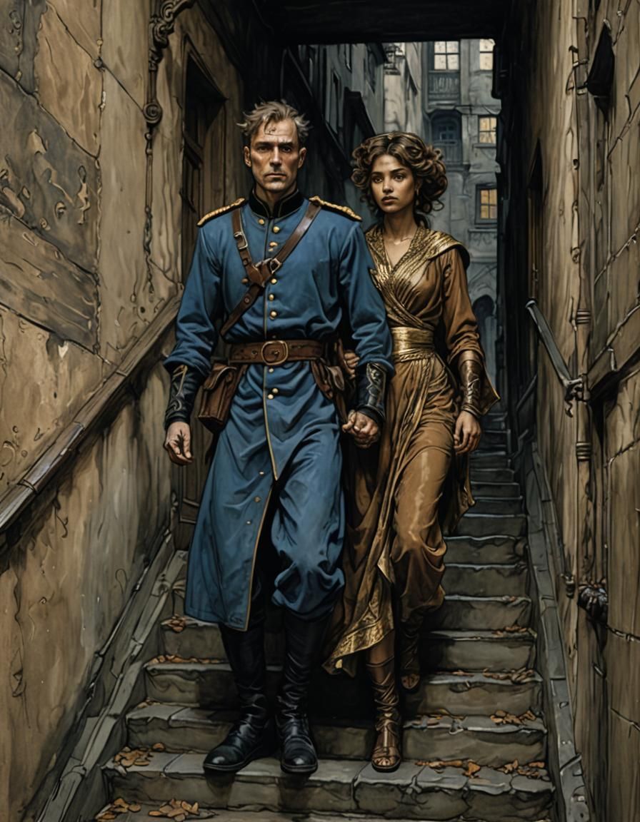 Couple Descending Stairwell in Arthur Rackham Ink Style