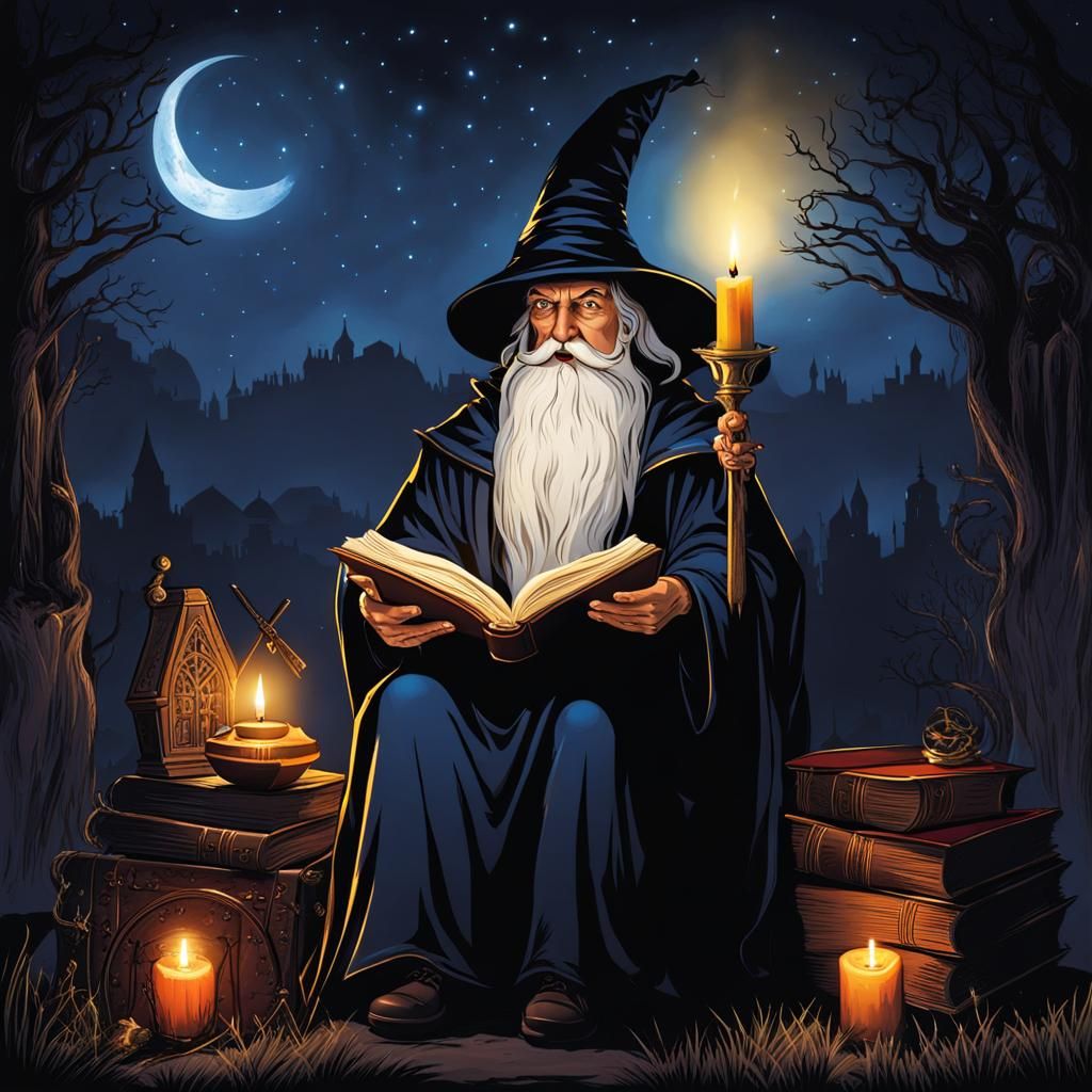 Wizard Reading by Candlelight at Night