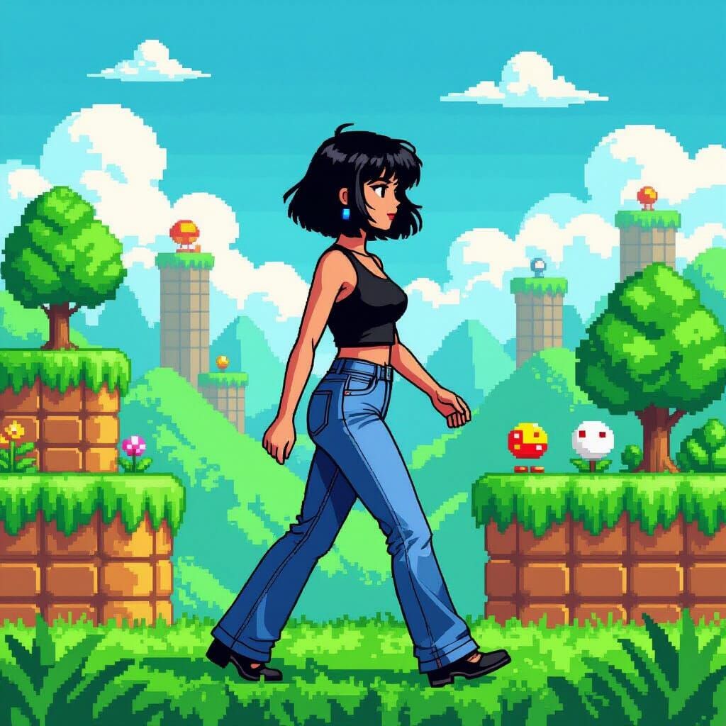 Woman Walking in Green Hill Zone: Pixelated Style