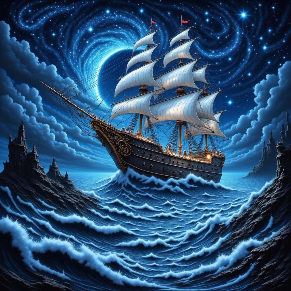 Majestic Sailing Ship Navigates Turbulent Starry Waters
