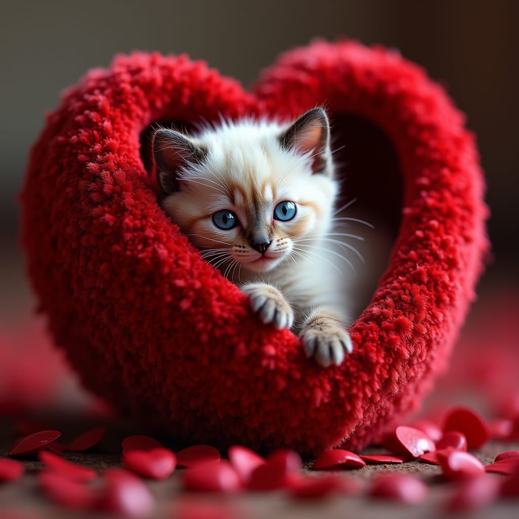 Siamese Kitten Hiding in a Red Heart, Hyperrealistic HDR
