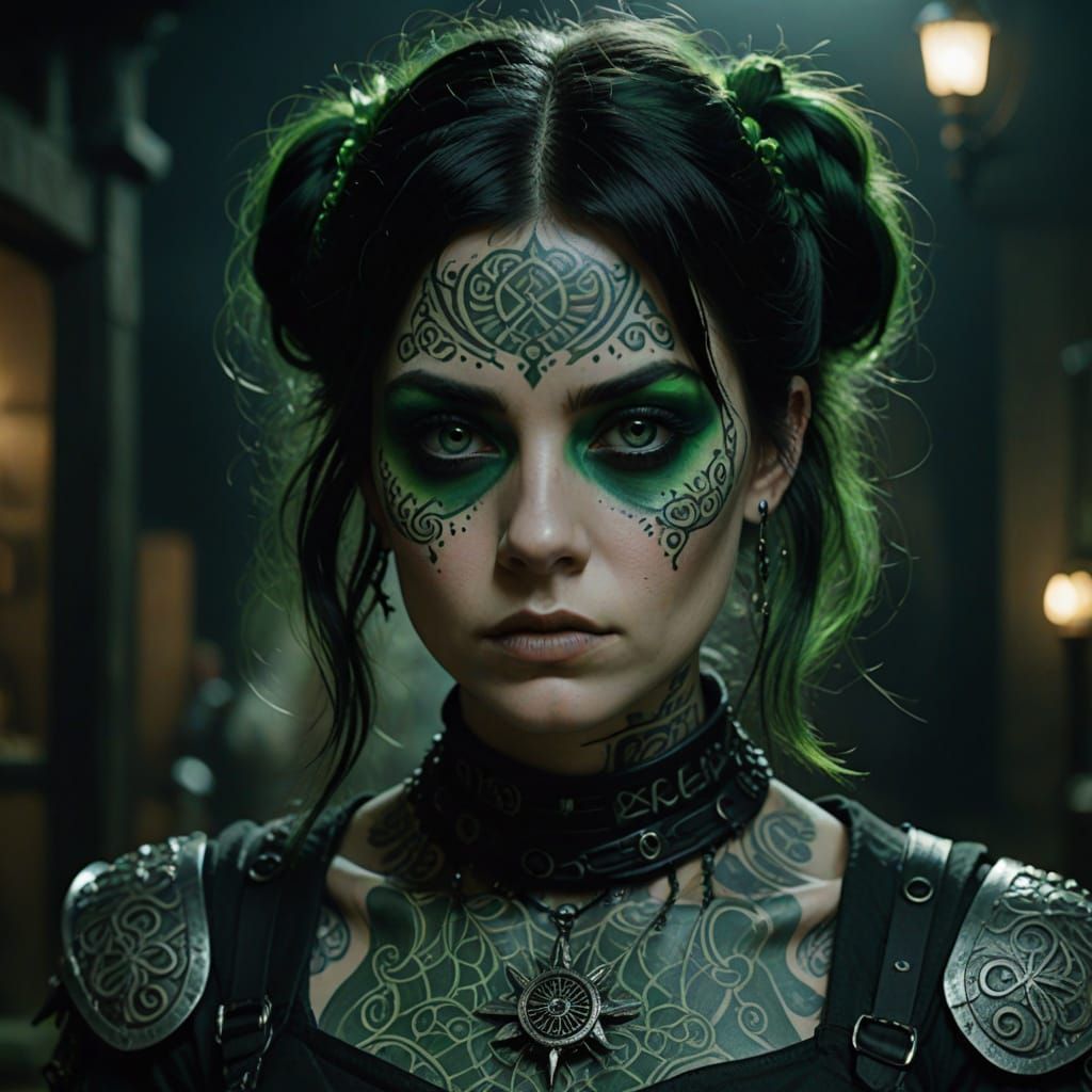 Hyperrealistic Portrait of Punk Woman with Green Tattoos