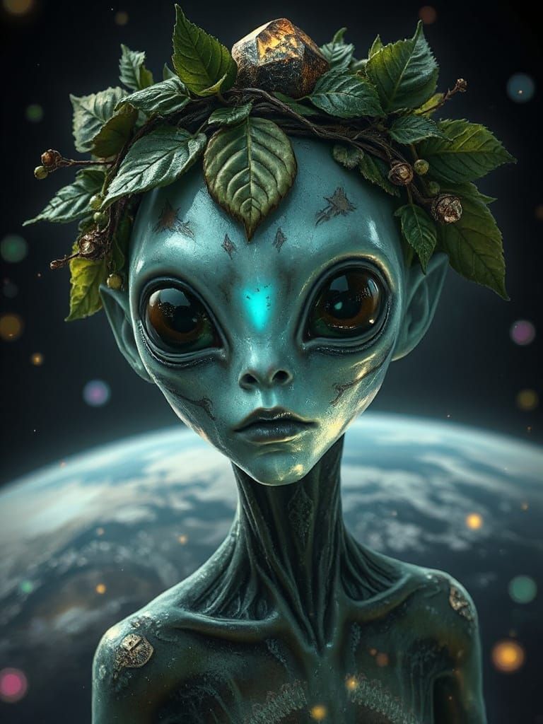 Crystal Alien with Soulful Eyes in Dark Fantasy Style
