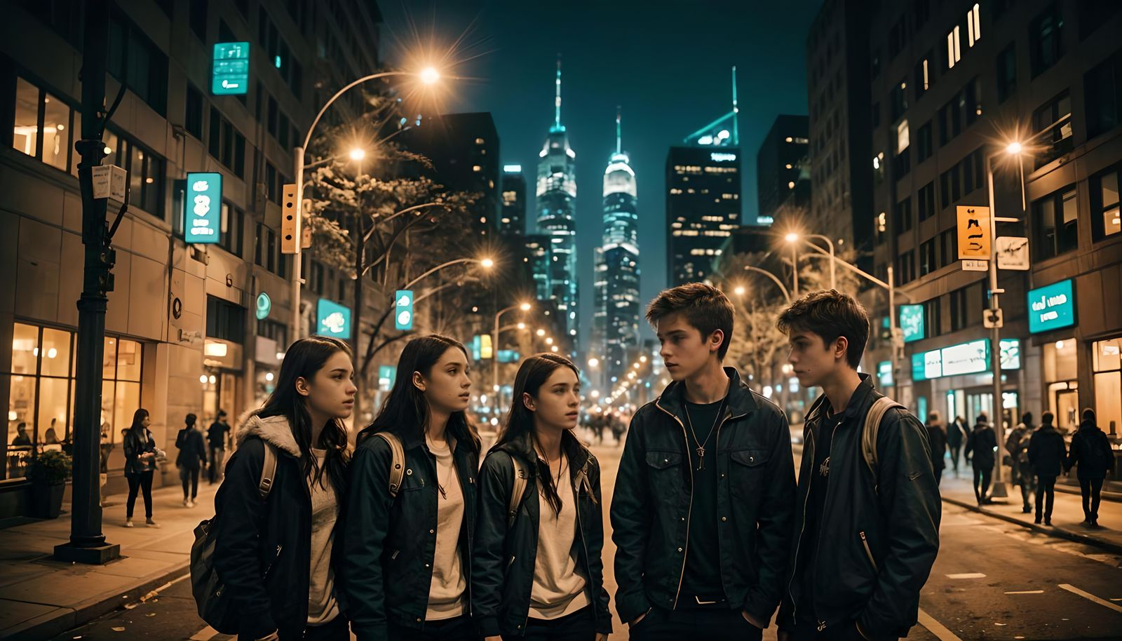 Teenagers in Futuristic Neighborhood at Night: Cinematic Sti...