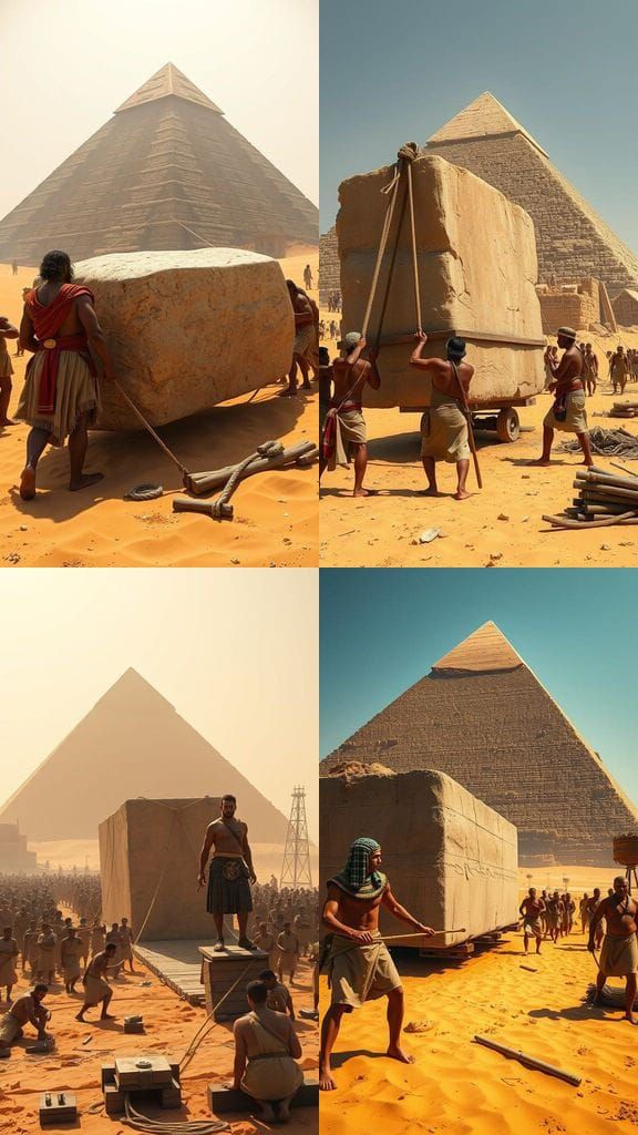Ancient Egyptian Laborers Pull Massive Stone Block in Golden...