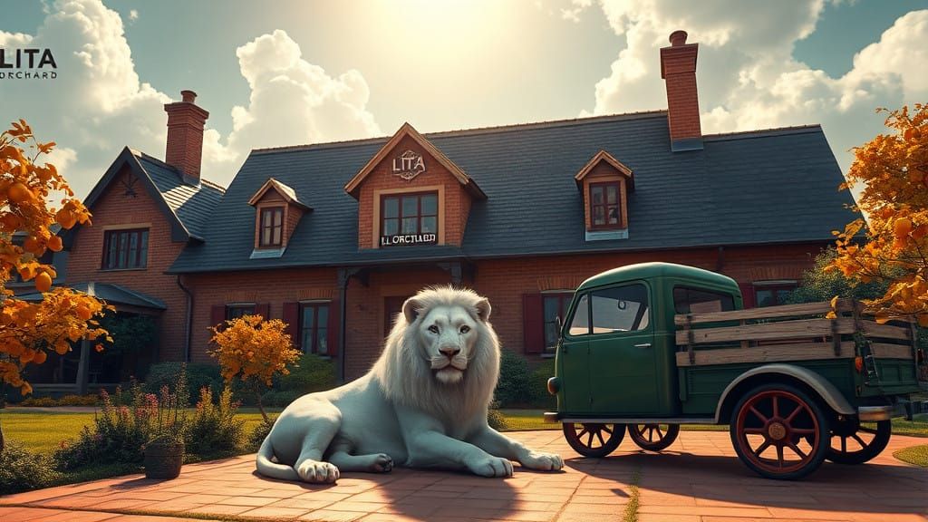 Victorian Farmhouse with Majestic Lion and Vintage Truck in....