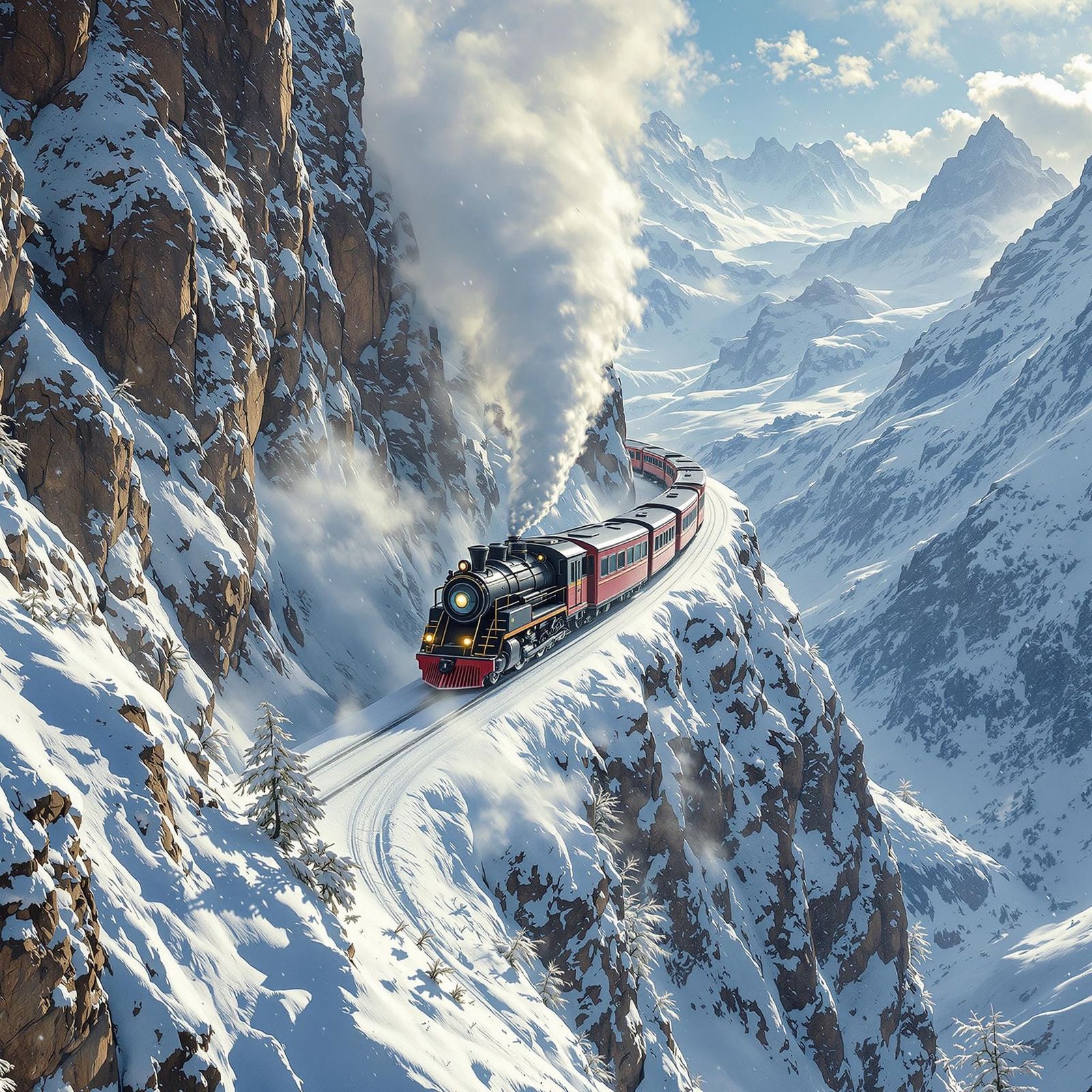 Brave Mountain Train Climbs Snowy Alps in Winter