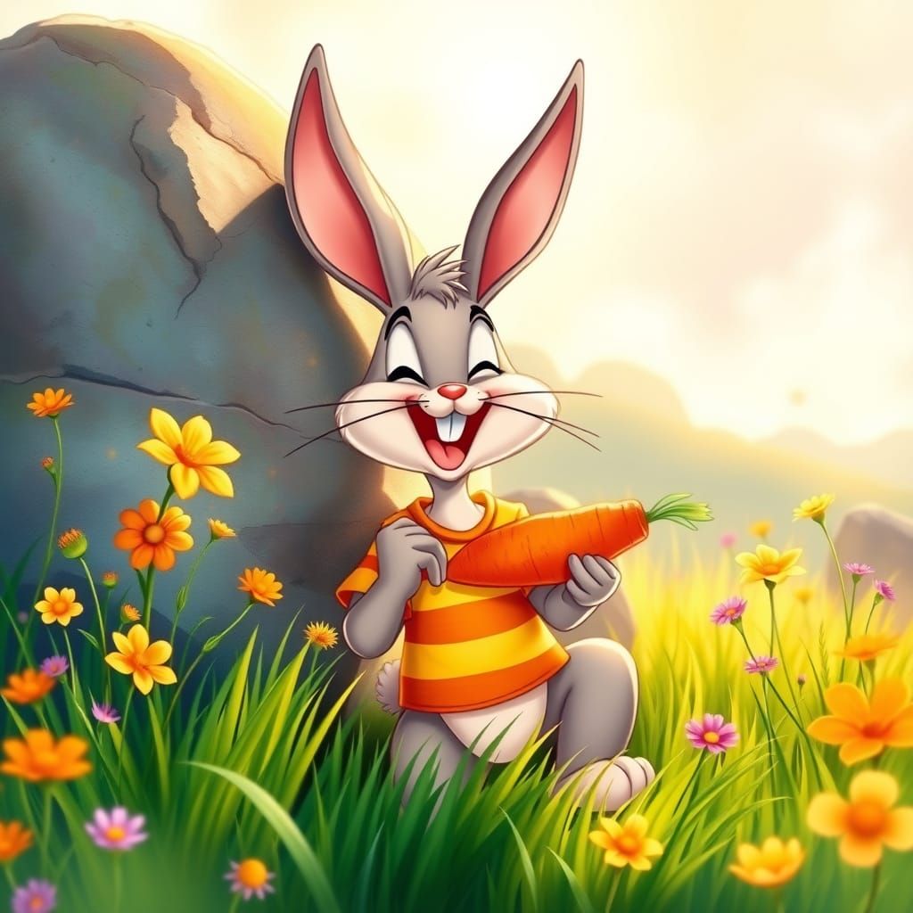 A whimsical,bugs bunny style character leaning back against ...