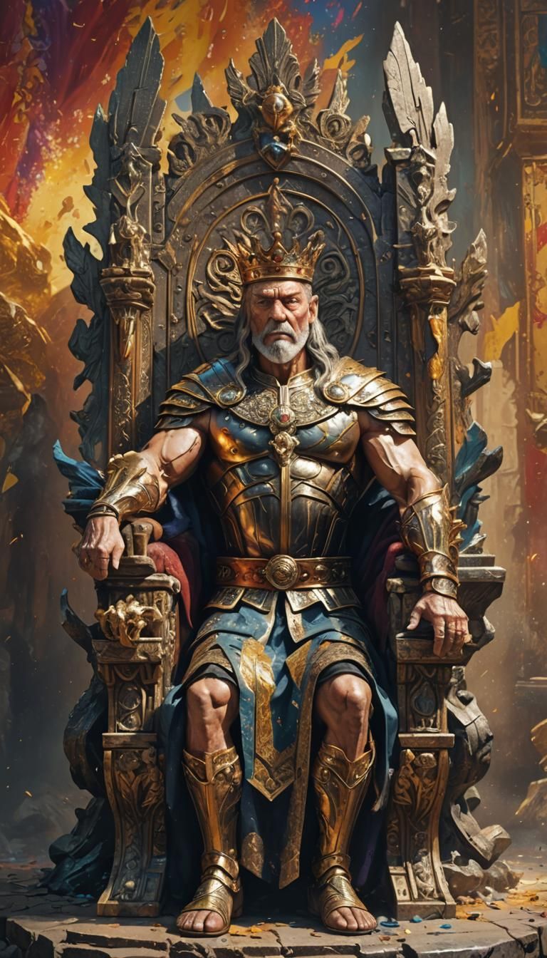 Muscular King on Throne Pointing: Hyperrealistic Splash Art