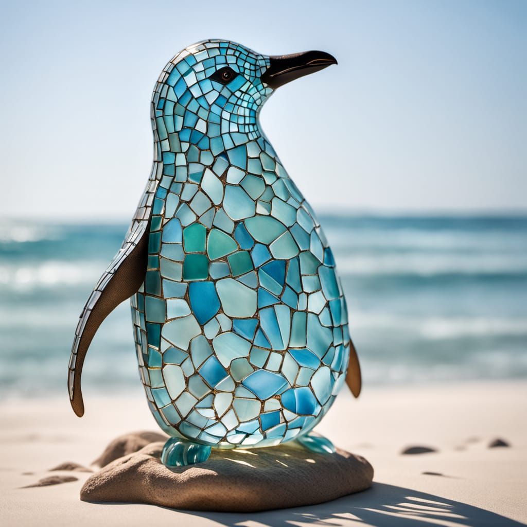 Sea Glass Penguin Sculpture in Transparent Shell