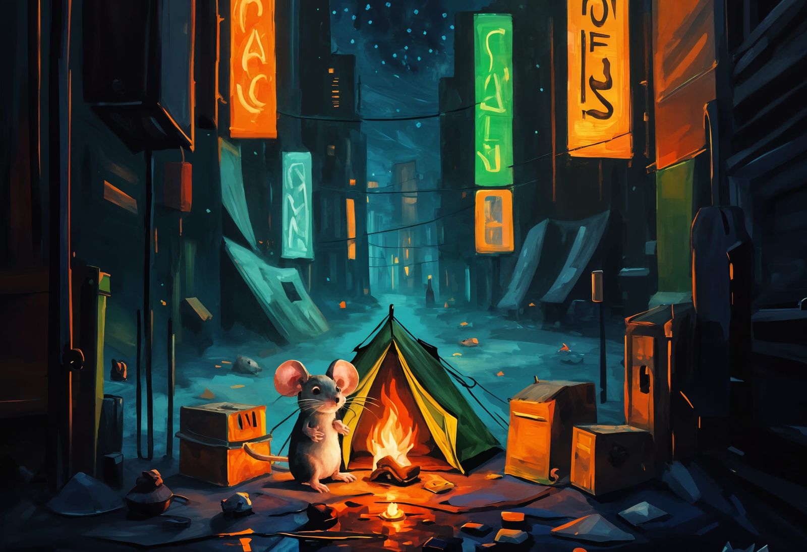 Mouse Camps in Neon City Alley, Impasto Oil Painting