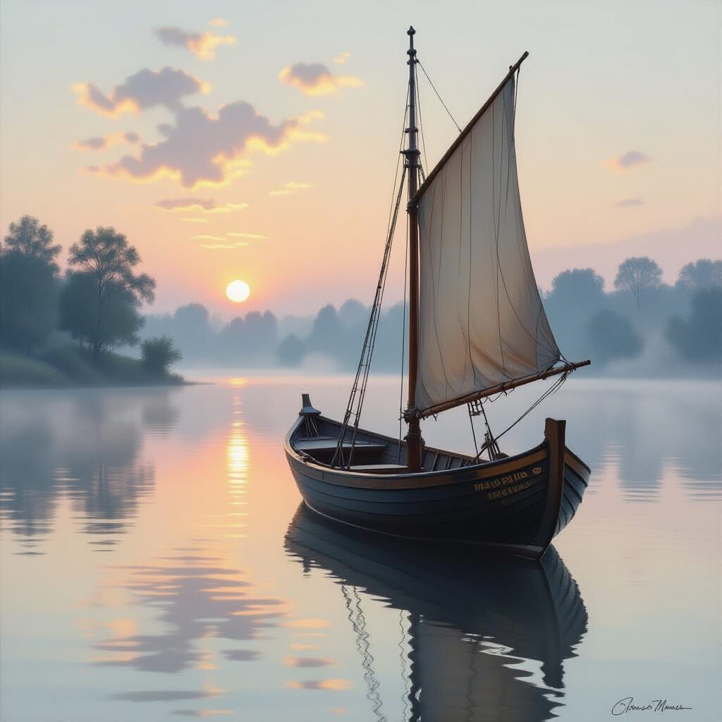 Antique Wooden Boat on Misty Lake at Dawn