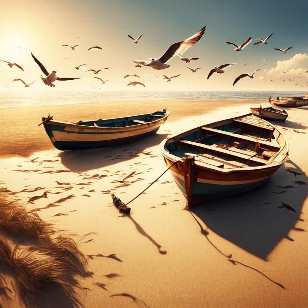 Fishing Boats on Sandy Shore in Cinematic Style