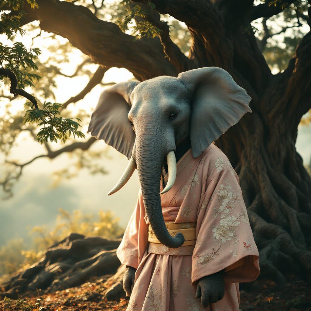 Humanoid Elephant in Kimono Under Ancient Tree