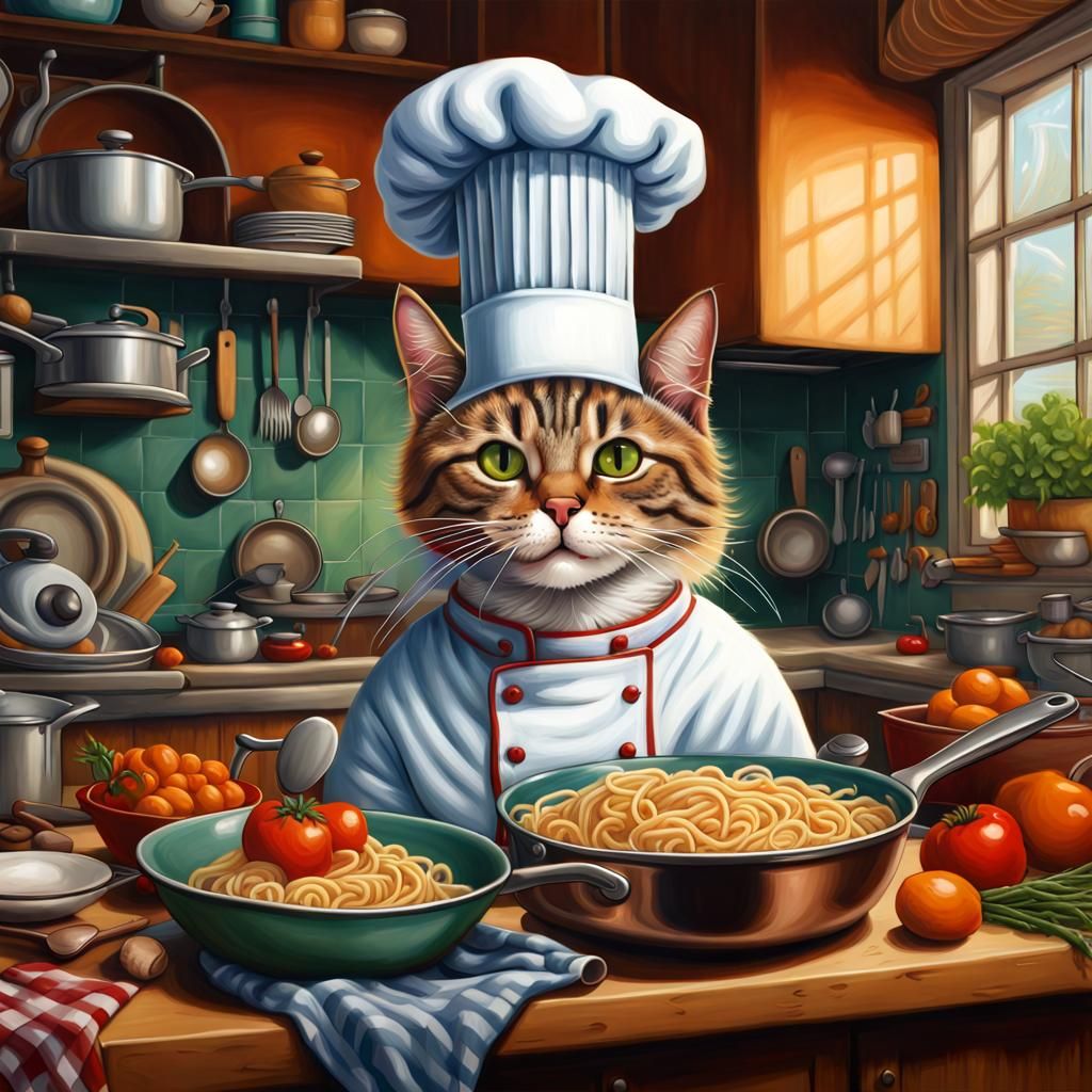 Cat Chef Cooking Ramen: Vibrant Cartoon Art