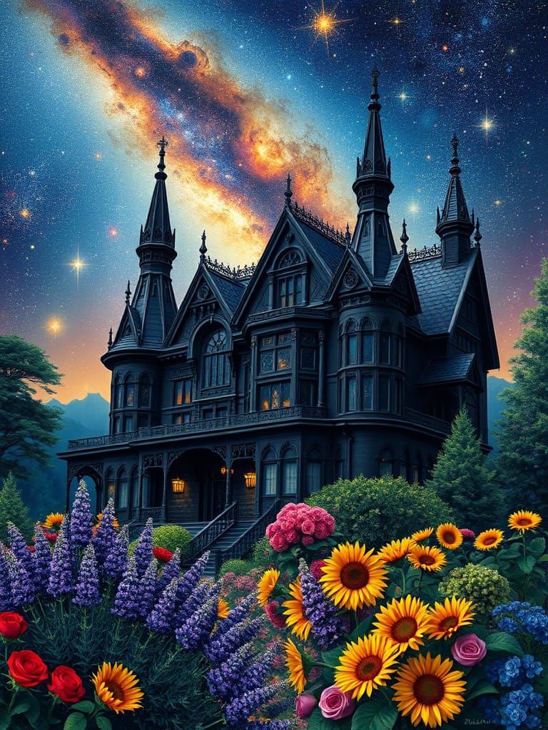 Surreal Gothic Mansion in Cosmic Bloom