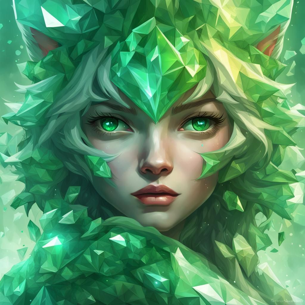 Green Crystal Kittens Portrait in Hyperdetailed Style
