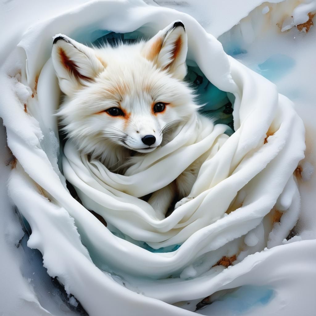 Baby and Fox in Frozen Arctic Landscape