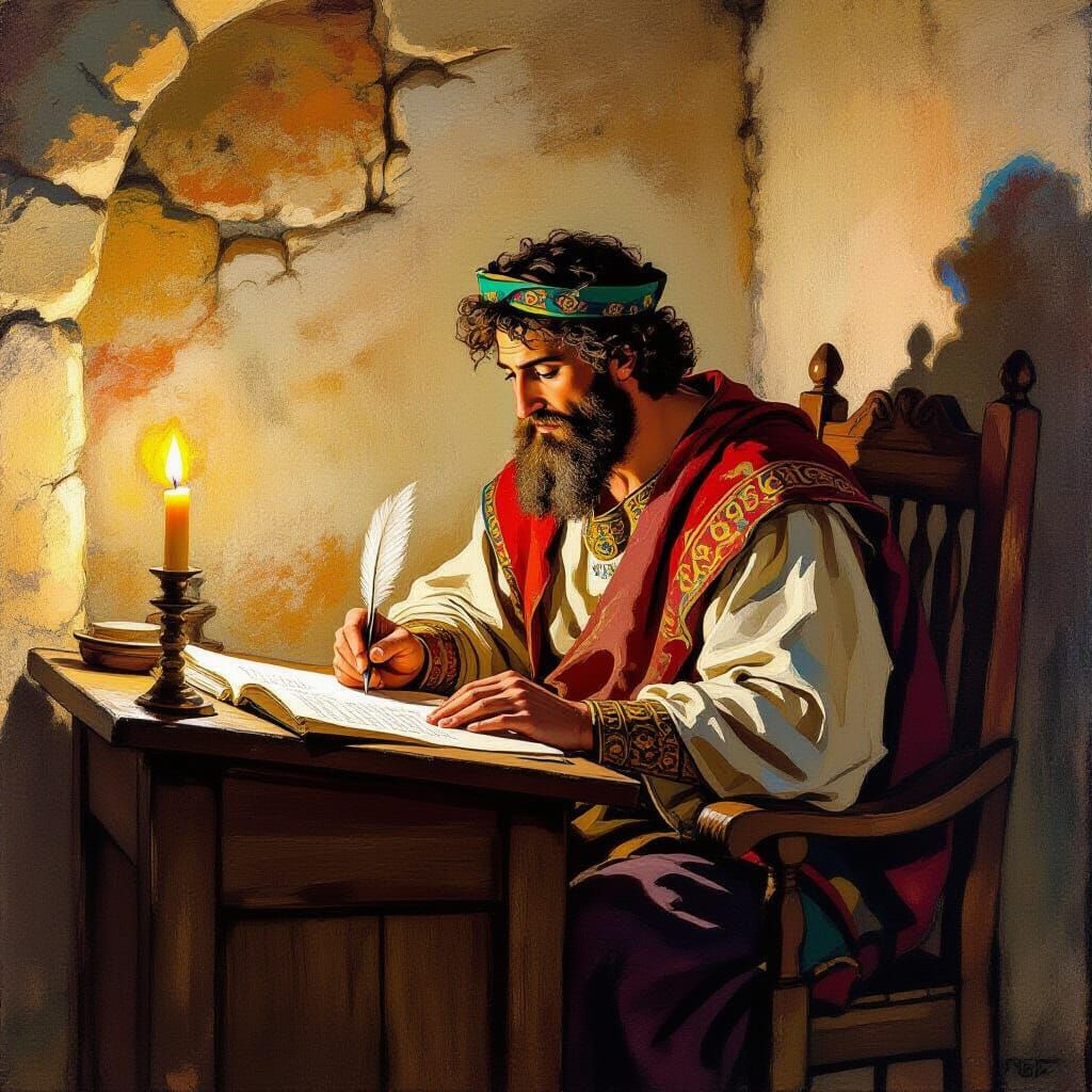 King David Composes Psalms by Candlelight in Chagall Style