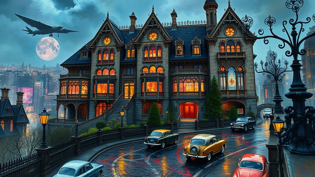 Victorian Mansion Overlooking Cyberpunk City, Impasto Painti...