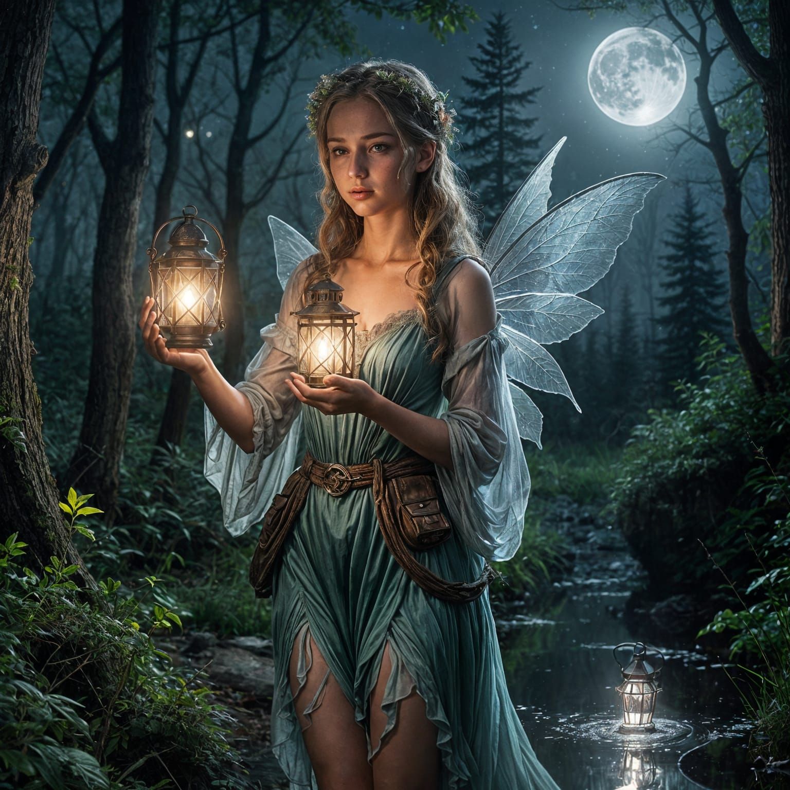Enchanting Fairy with Lantern in Moonlit Wilderness