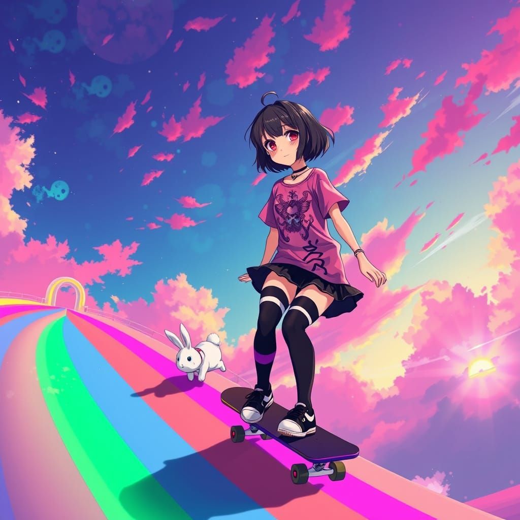 Vibrant Anime Girl Skateboards with Rainbow-Colored Rabbit