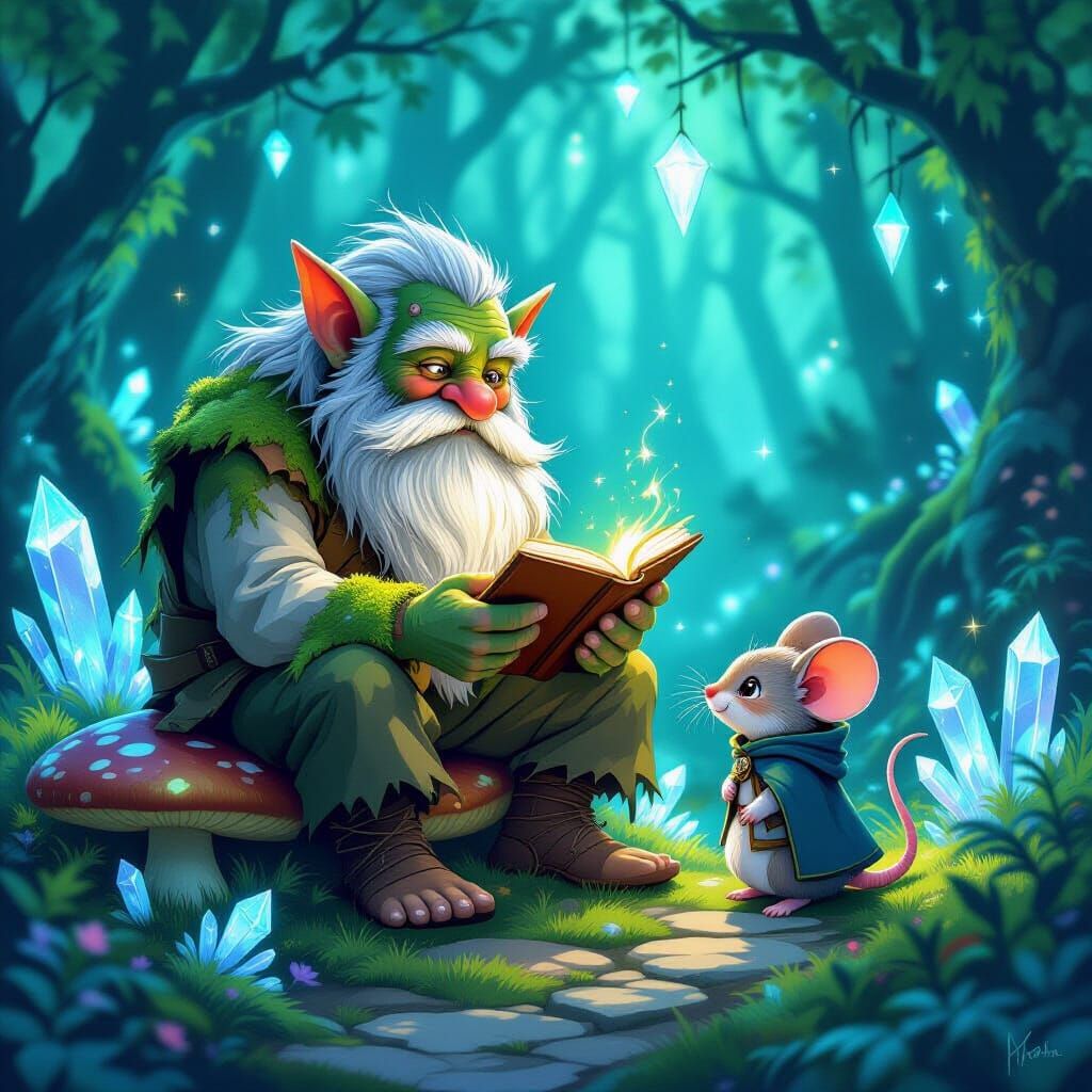 Enchanted Troll Sharing Secrets in Bioluminescent Forest