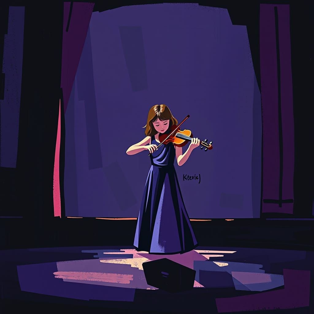 Girl Playing Violin in Picasso-Style Cubist Art